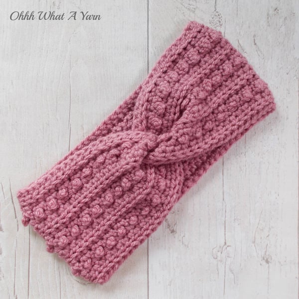 Ladies crochet dusty pink twist ear warmer. Ear warmer. Pink headband.