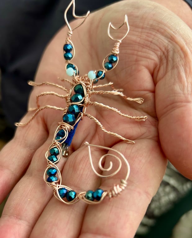 Scorpion Brooch - Rose Gold & Blue Crystals 5.5cm