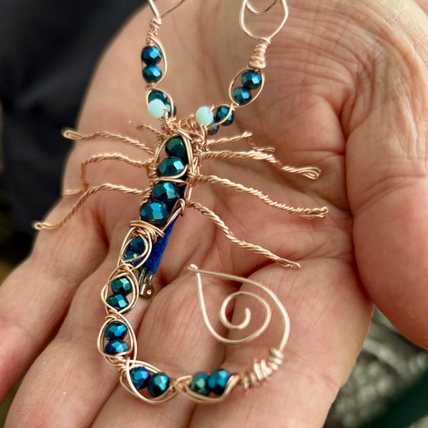 Scorpion Brooch - Rose Gold & Blue Crystals 5.5cm