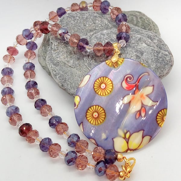 Lilac Floral Mother of Pearl Pendant on a Purple Lilac & Clear Crystal Necklace