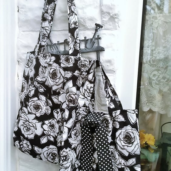 Shoulder Bag, Black and White Floral Print , Eco Friendly Reusable Cotton Bag