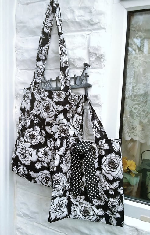 Shoulder Bag, Black and White Floral Print , Eco Friendly Reusable Cotton Bag