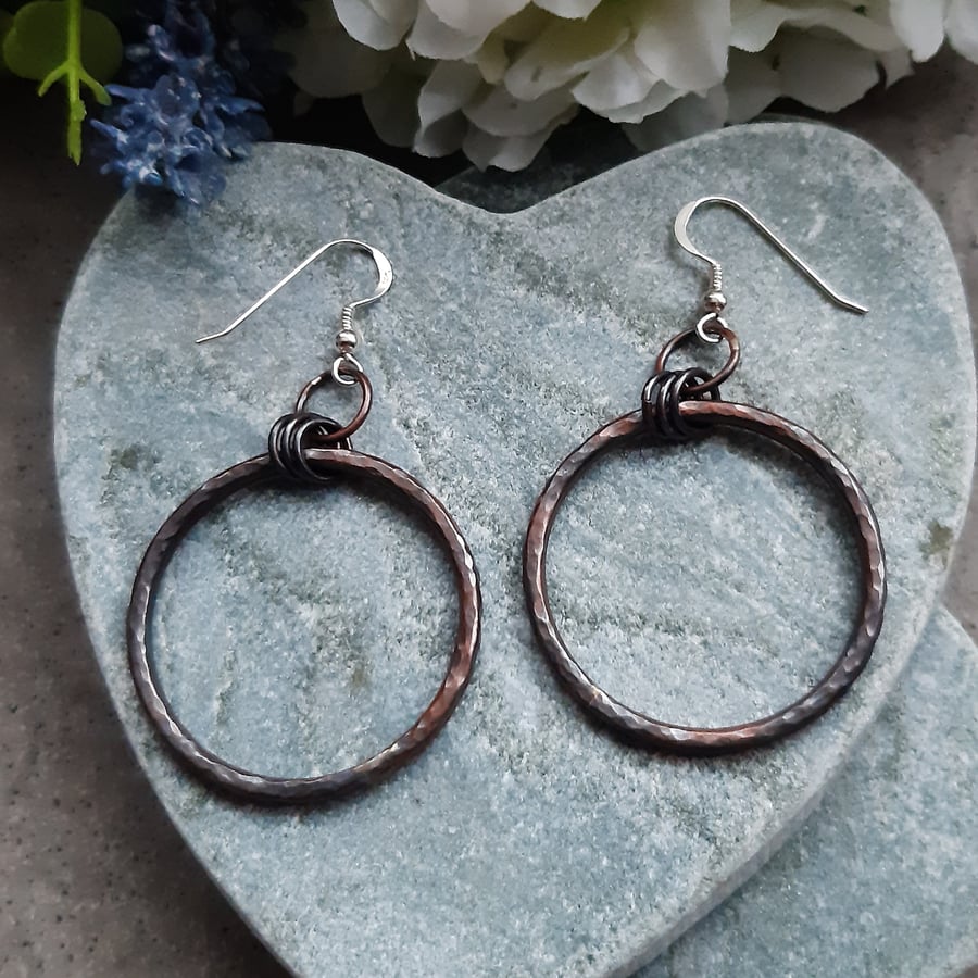 Oxidised Copper Hoops Sterling Silver Ear Wires Dangle Vintage