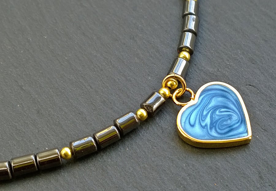 Blue Heart Hematite Necklace