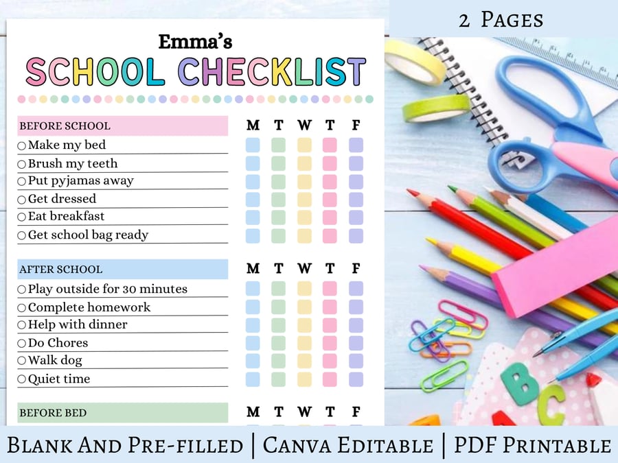 Canva Editable School day checklist for kids, Kids Chart, Digital Download