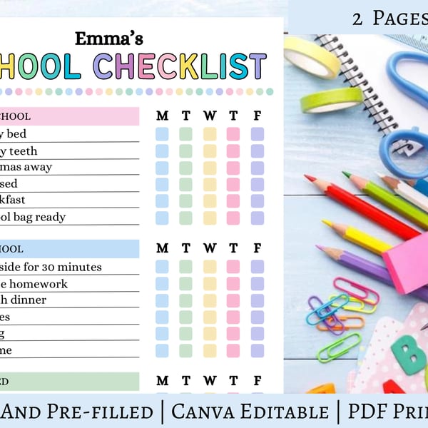 Canva Editable School day checklist for kids, Kids Chart, Digital Download