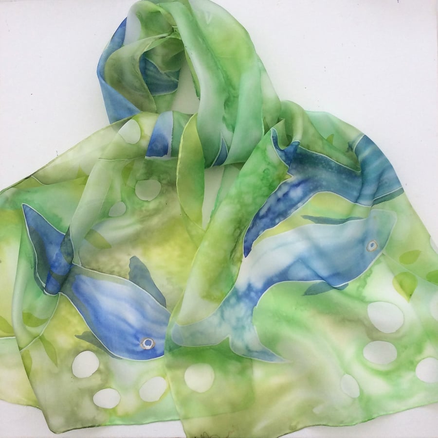 Blue Fish hand painted silk scarf