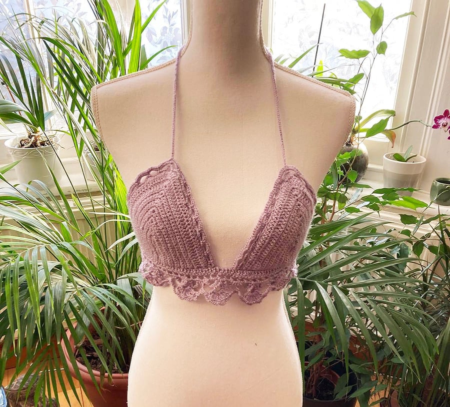 Lilac woman beach summer top Crochet bikini top knitting beach wear