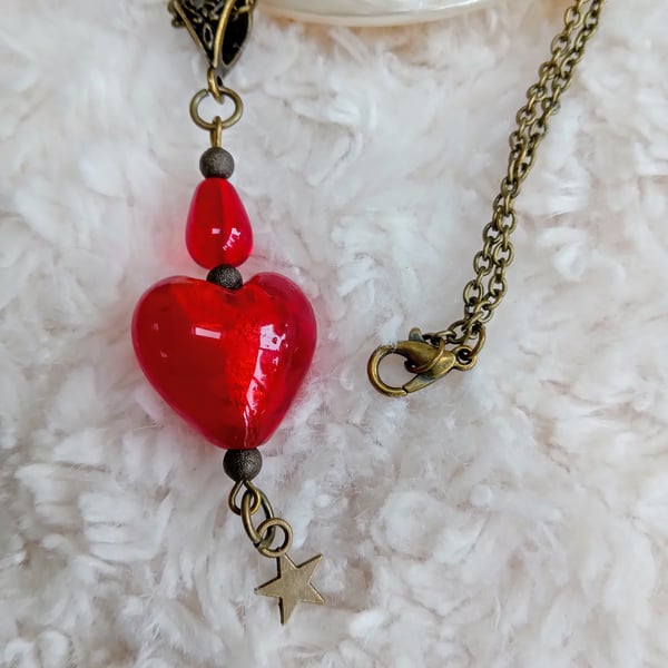 Red Lampwork glass HEART on bronze chain necklace