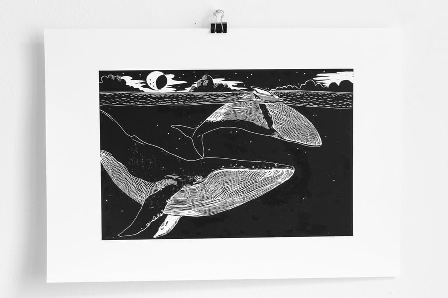 Original whales linocut print art