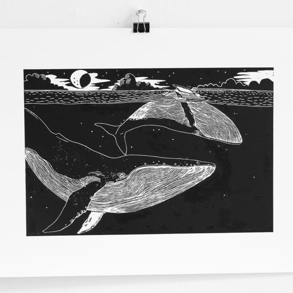 Original whales linocut print art