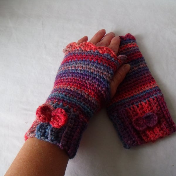 acrylic ladies fingerless mittens, crocheted fingerless gloves, medium