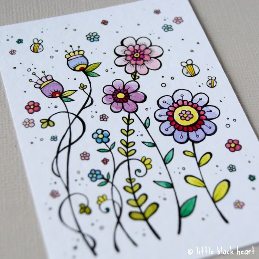 tangled blooms and bees - original aceo