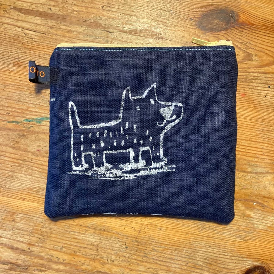 Cute Navy linen purse with dog illustration by Jo Brown Happy Tomato 