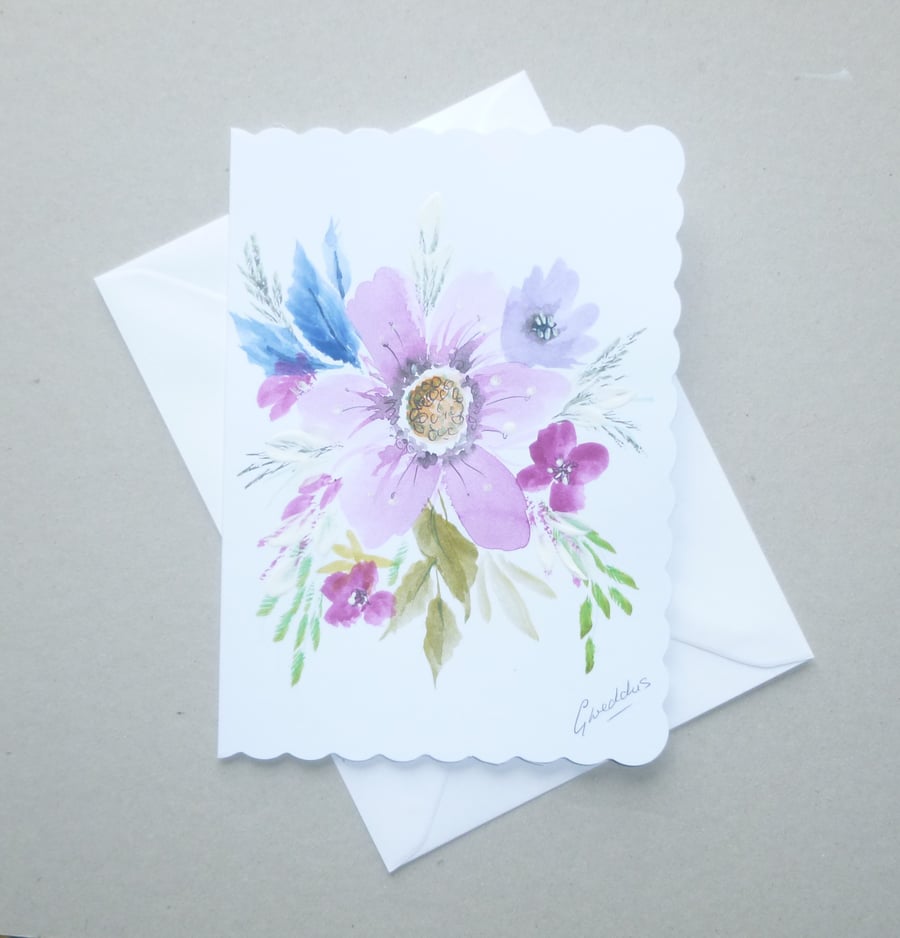 origial art hand painted floral blank greetings card ( FA 101 E1 )