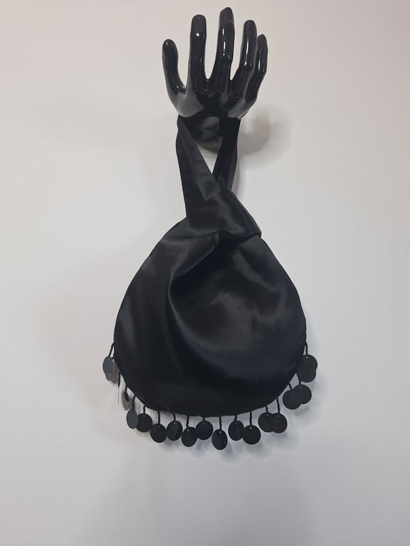 Black Satin Japanese knot bag with sequin and bead trim, Perfect New years bag