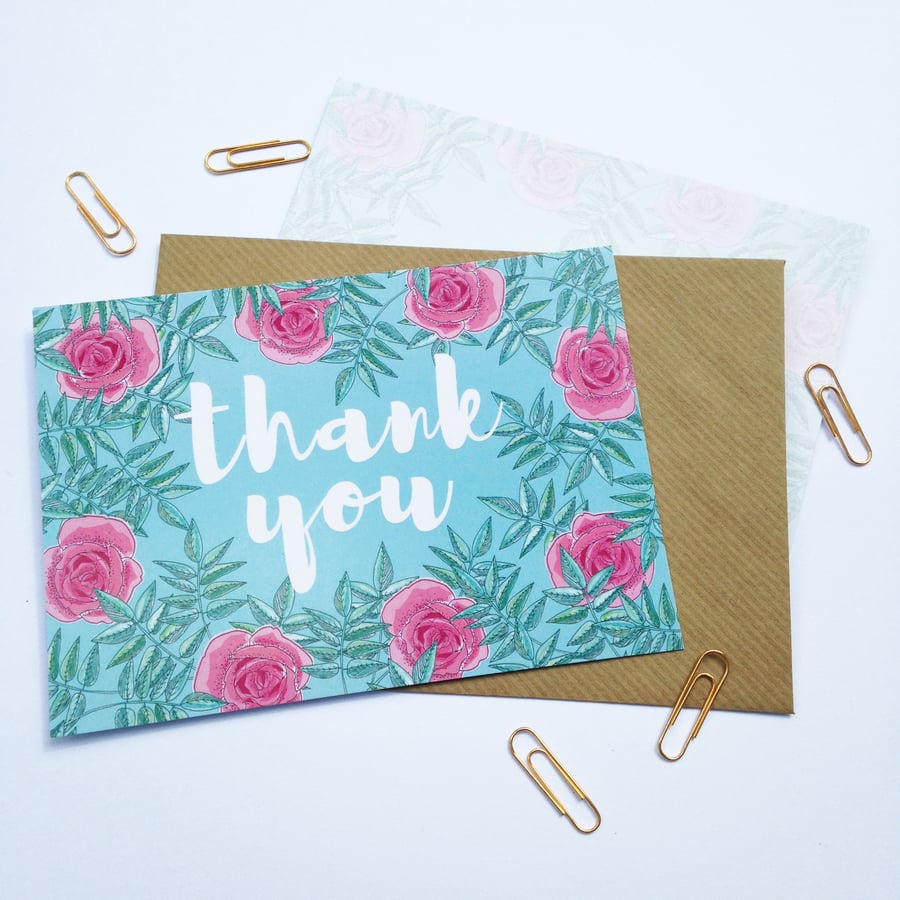 Pack of 10 Thank You Postcards with Brown Kraft Envelopes - Blue Rose