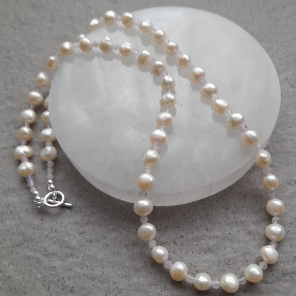 White Freshwater Pearls With Lilac Amethyst Sterling Silver Necklace