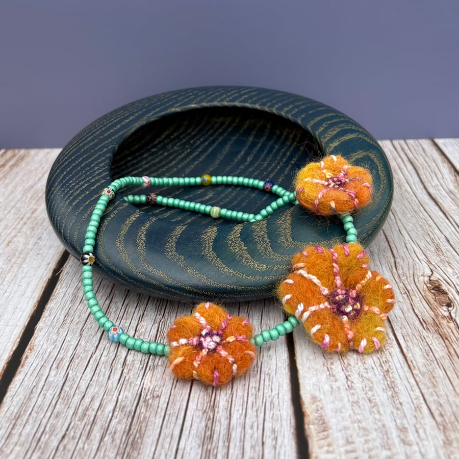 Bead and Felted Charm BoHo style Necklace - Three Orange Flowers