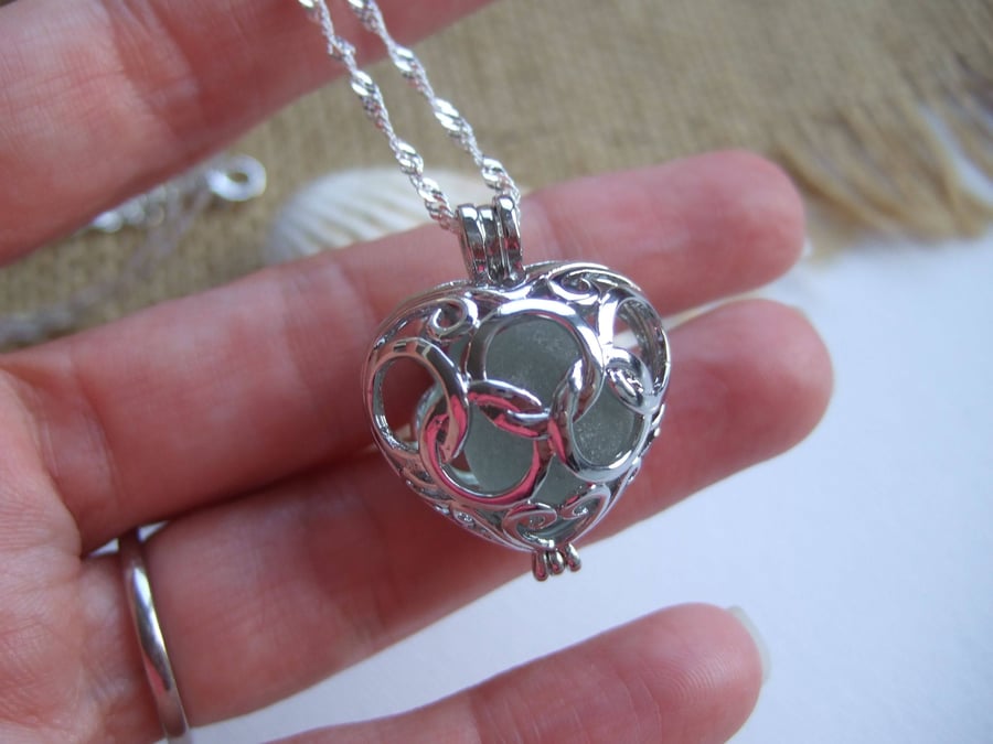 Scottish sea glass necklace, sea marble heart shaped openable locket