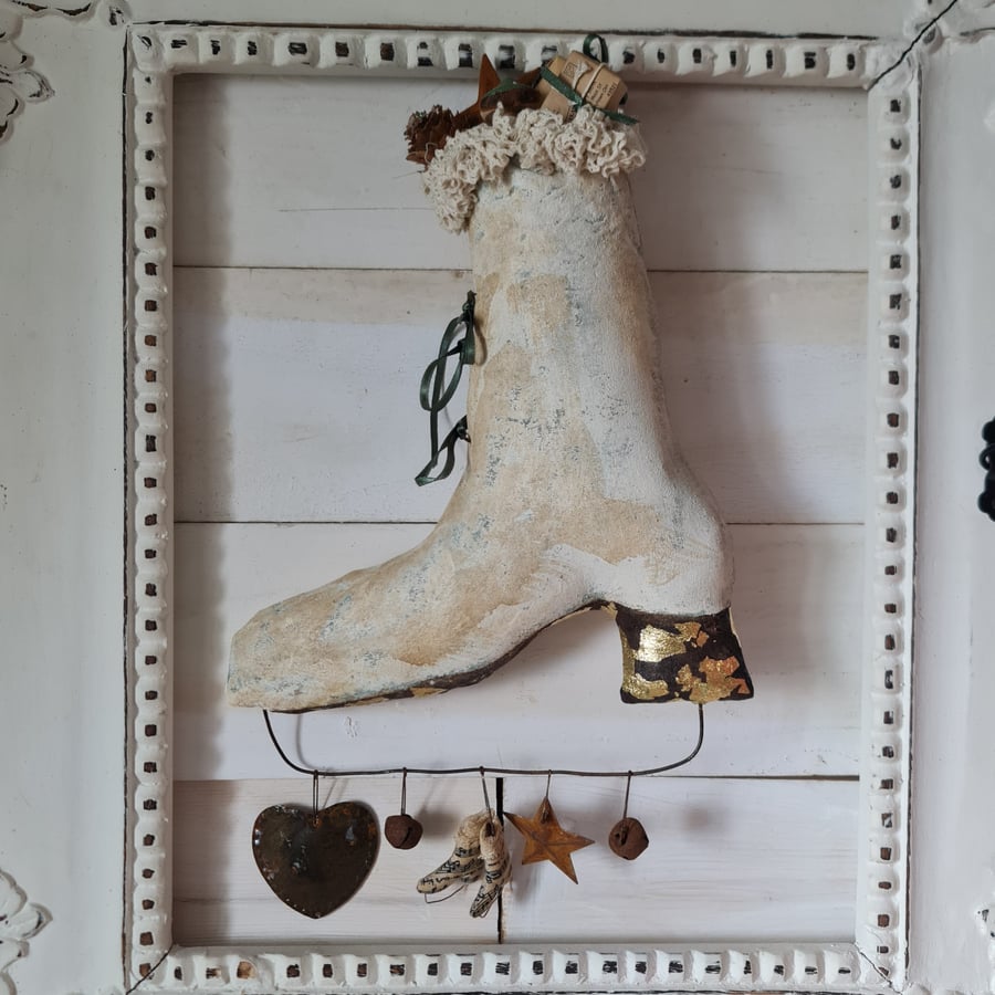 Handmade textile art rustic style hanging ice skate with little gifts