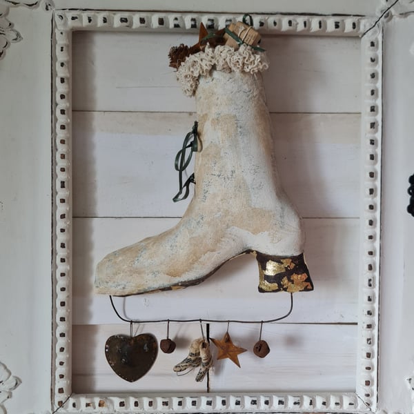 Handmade textile art rustic style hanging ice skate with little gifts