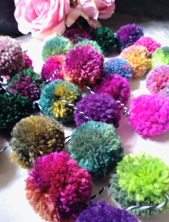 Wool Pompom Garland, Mixed Colours, Eclectic Bohemian Interiors