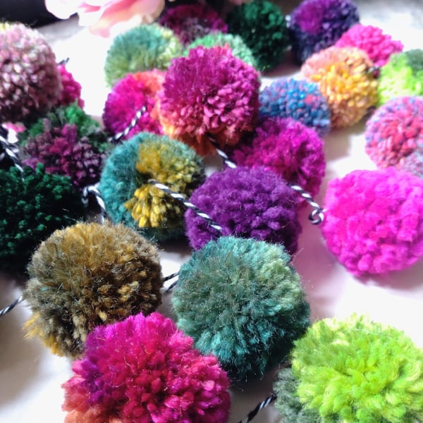 Wool Pompom Garland, Mixed Colours, Eclectic Bohemian Interiors