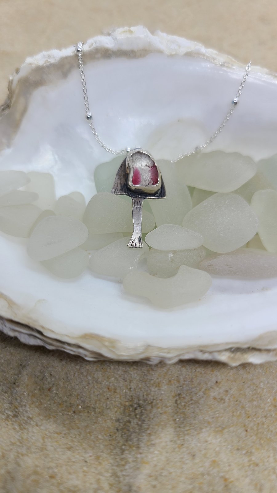 Clear and red sea glass and silver mushroom pendant P17