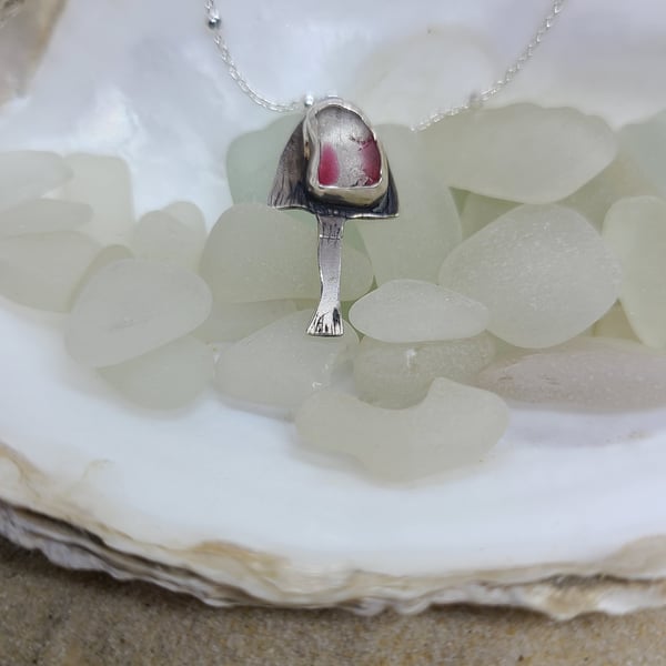 Clear and red sea glass and silver mushroom pendant P17