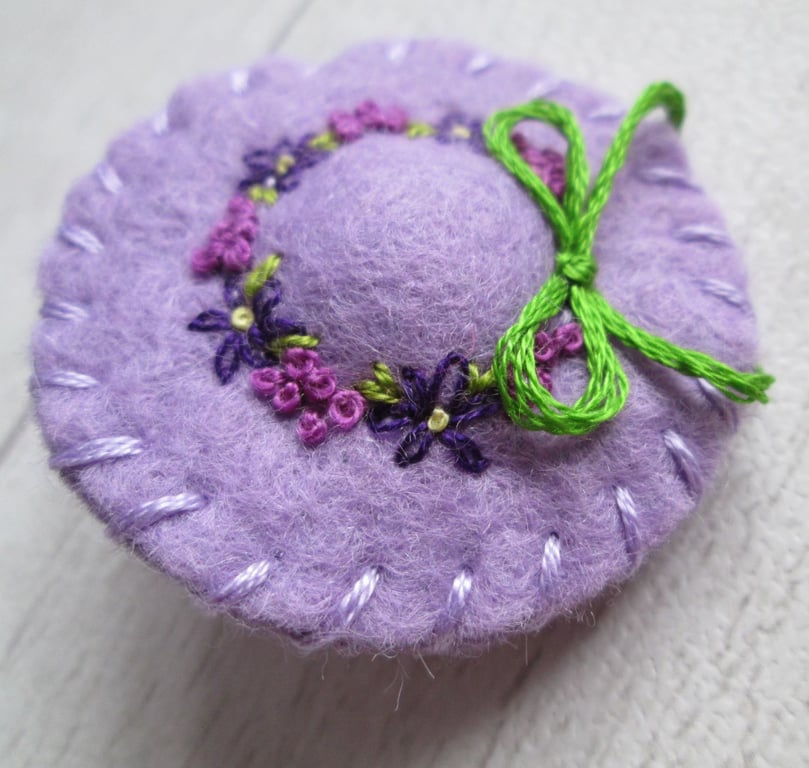Hand Embroidered Felt Hat Brooch - Lilac Floral