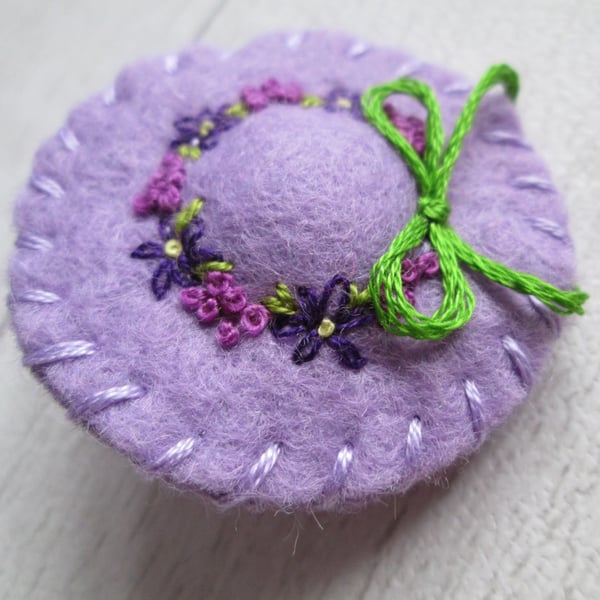 Hand Embroidered Felt Hat Brooch - Lilac Floral