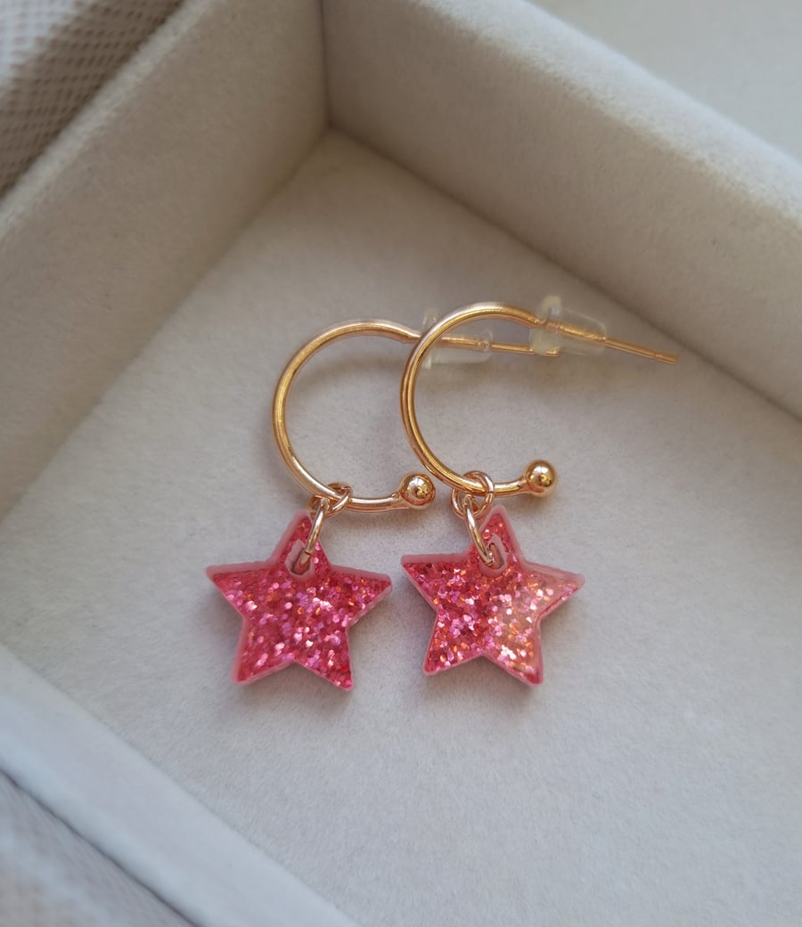 Pink Glitter Encrusted Resin Star Half Hoop Earrings - Christmas Collection