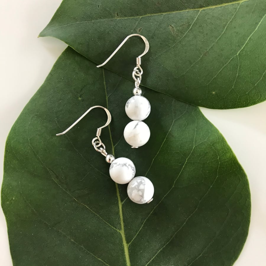 Howlite white marbled gemstone earrings with sterling silver ear wires