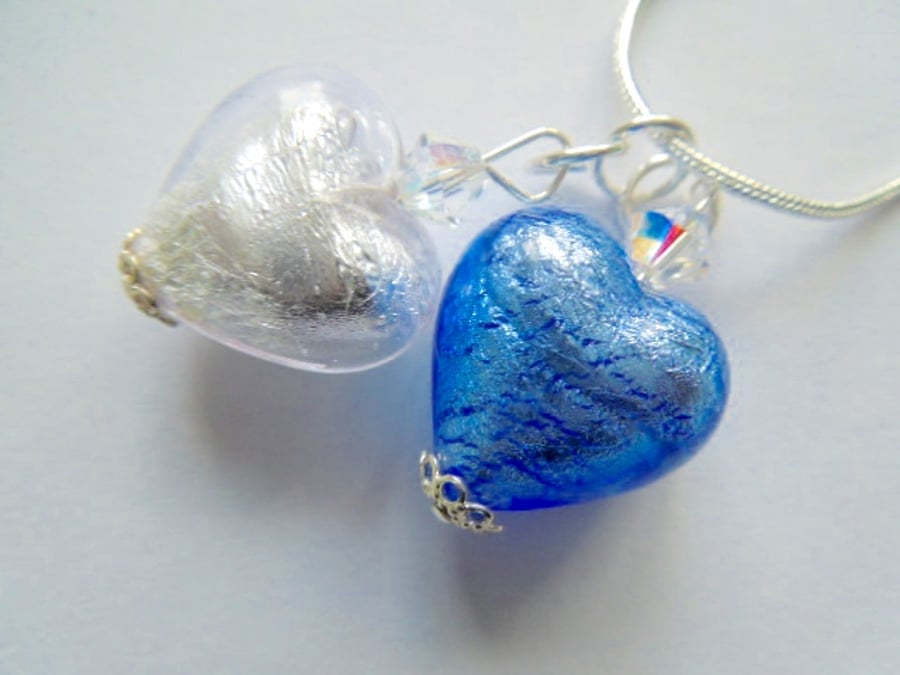 Murano glass blue and silver double heart pendant with Swarovski crystal.