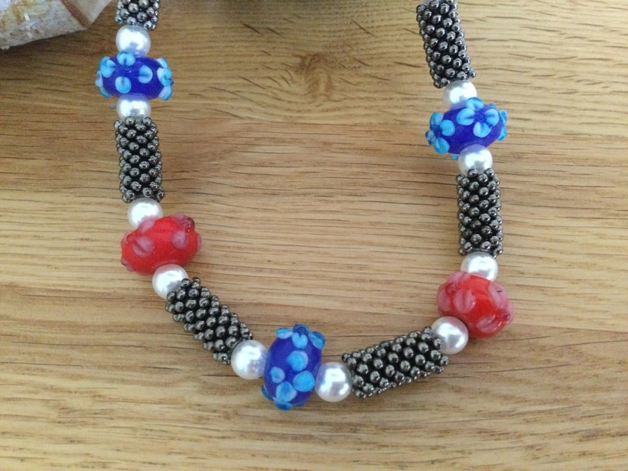 Red, White and Blue Lampwork Necklace