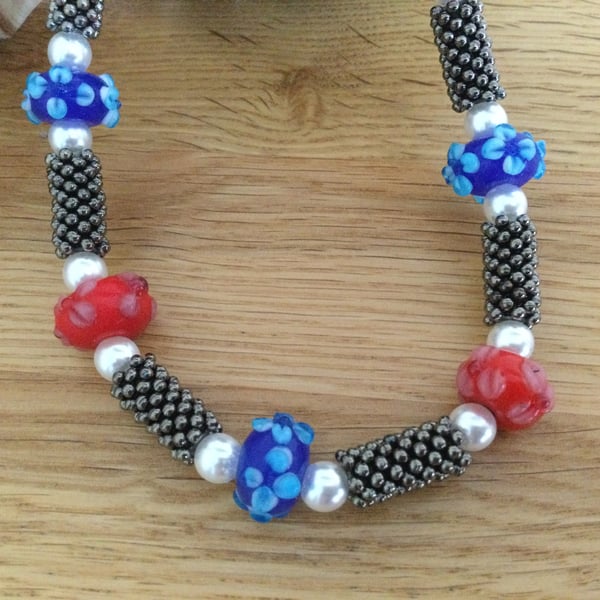 Red, White and Blue Lampwork Necklace