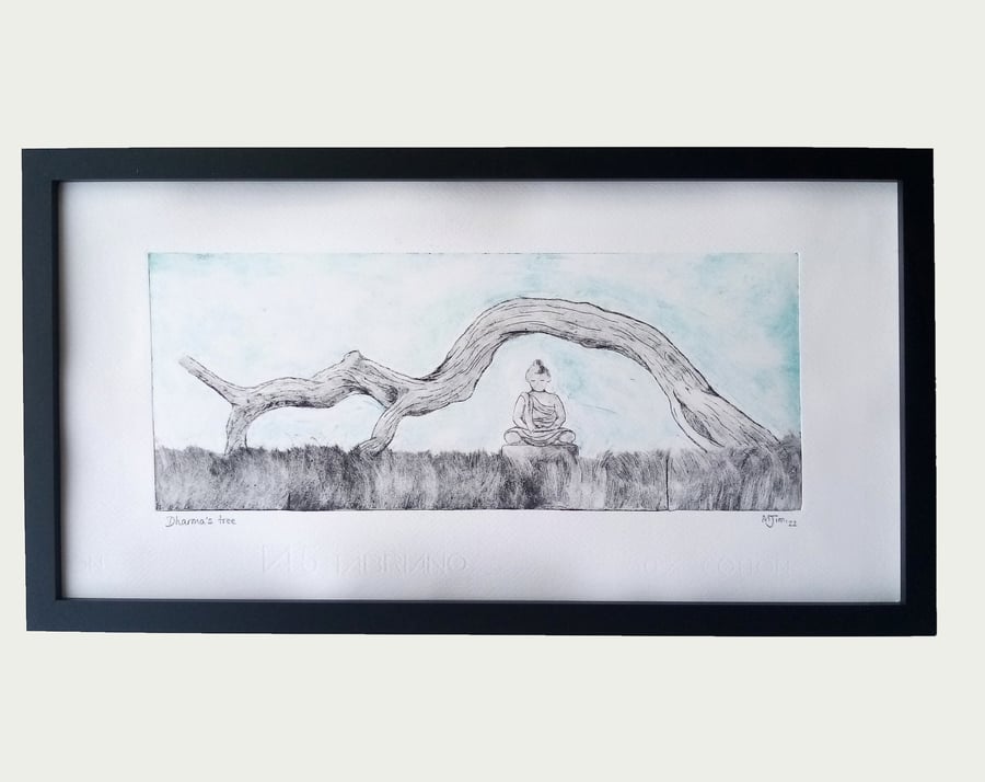 Handprinted Drypoint Etching Dharma Tree Handmade Buddha Print Meditation