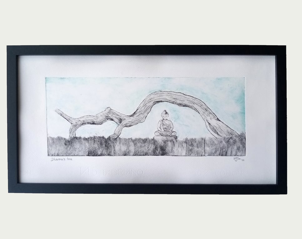Handprinted Drypoint Etching Dharma Tree Handmade Buddha Print Meditation