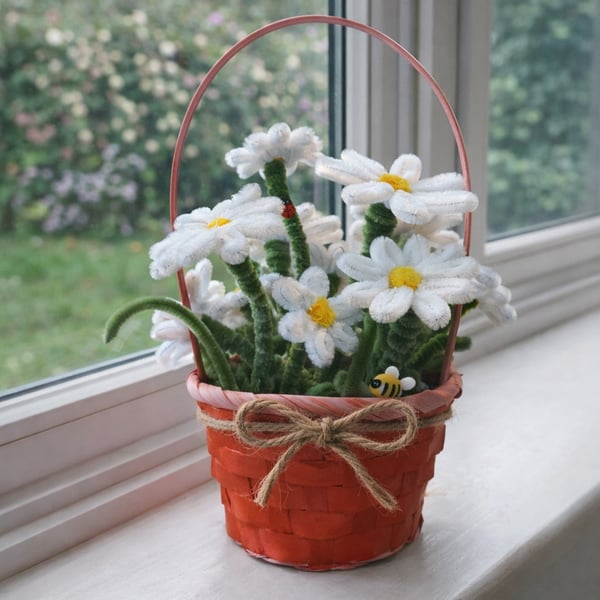 Handmade Daisy Basket –Rustic White Flowers, Allergy-Free Mother’s Day & Easter