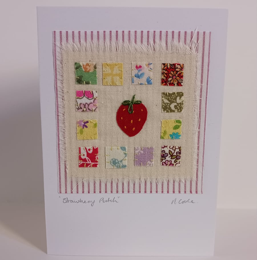 Strawberry Patch hand stitched patchwork appliqué textile art fabric card