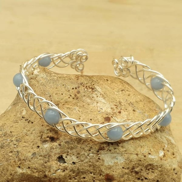 Adjustable Wire wrap Angelite cuff bracelet