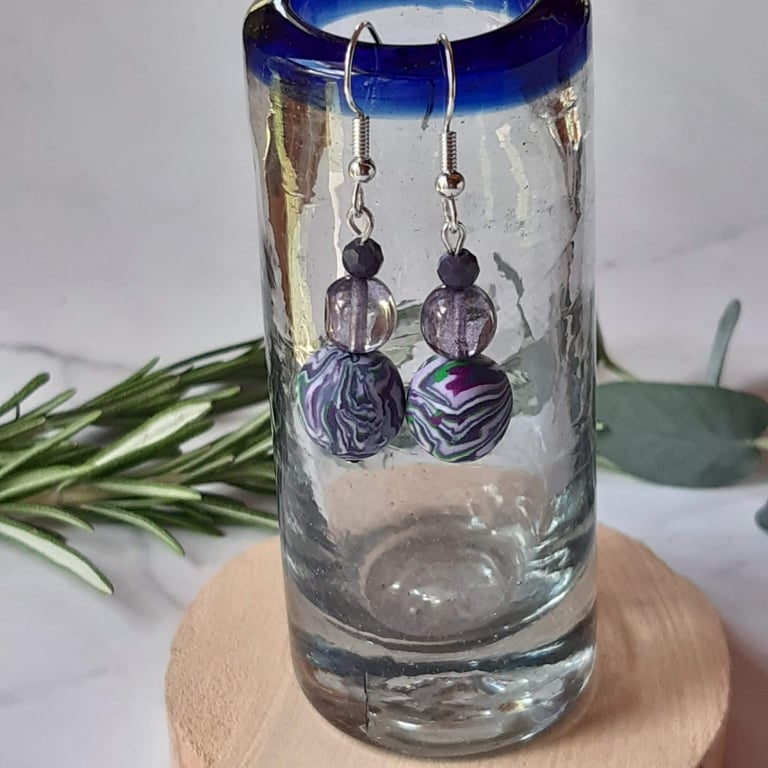 Handmade dangly polymer clay earrings  in grape, green, magenta and white  