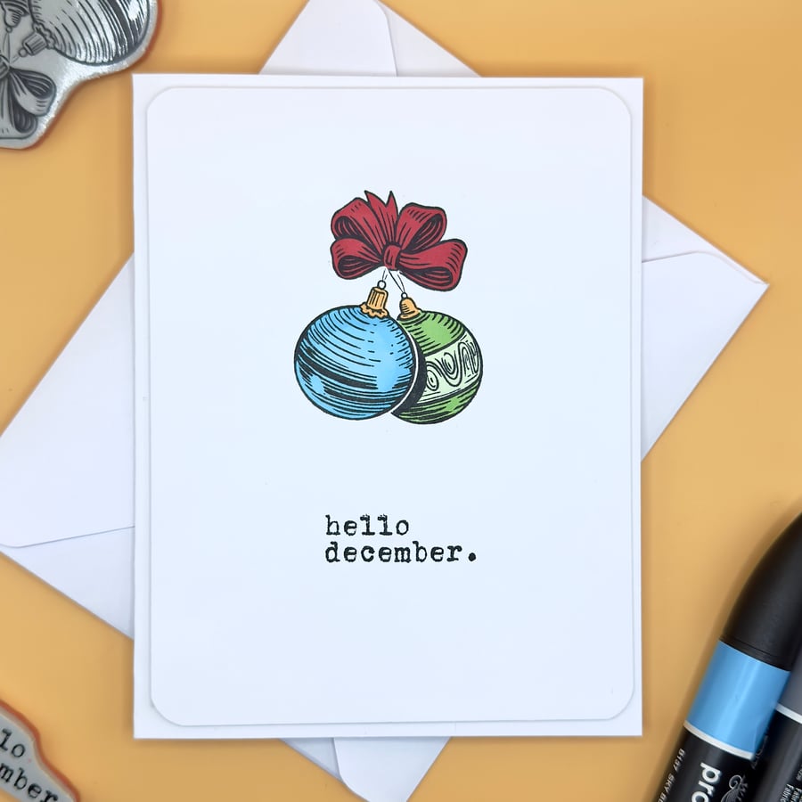 Handmade Christmas Card “Hello December” Minimalist, Holiday Greeting, Xmas