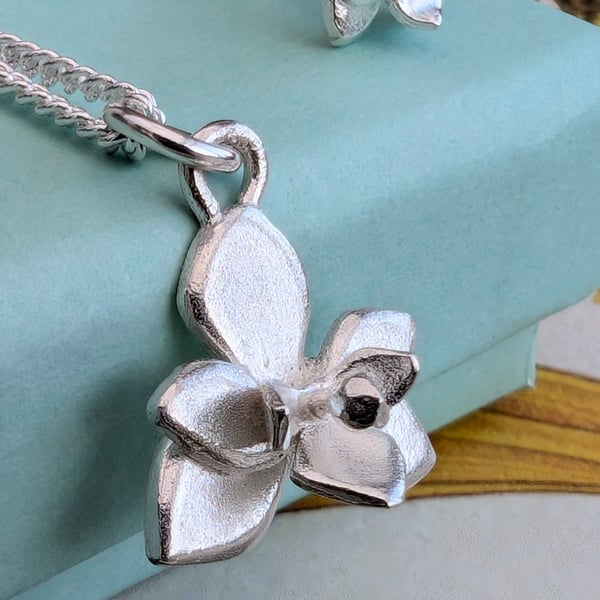 Silver Orchid Necklace - Silver Flower Pendant Handmade in UK