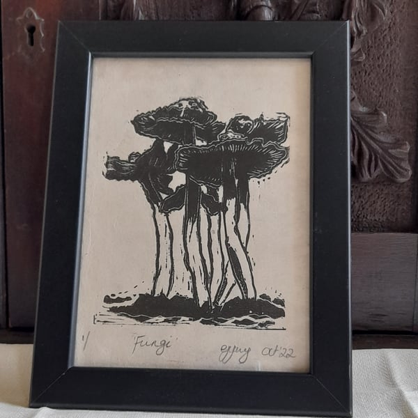 Funghi handprinted linocut art