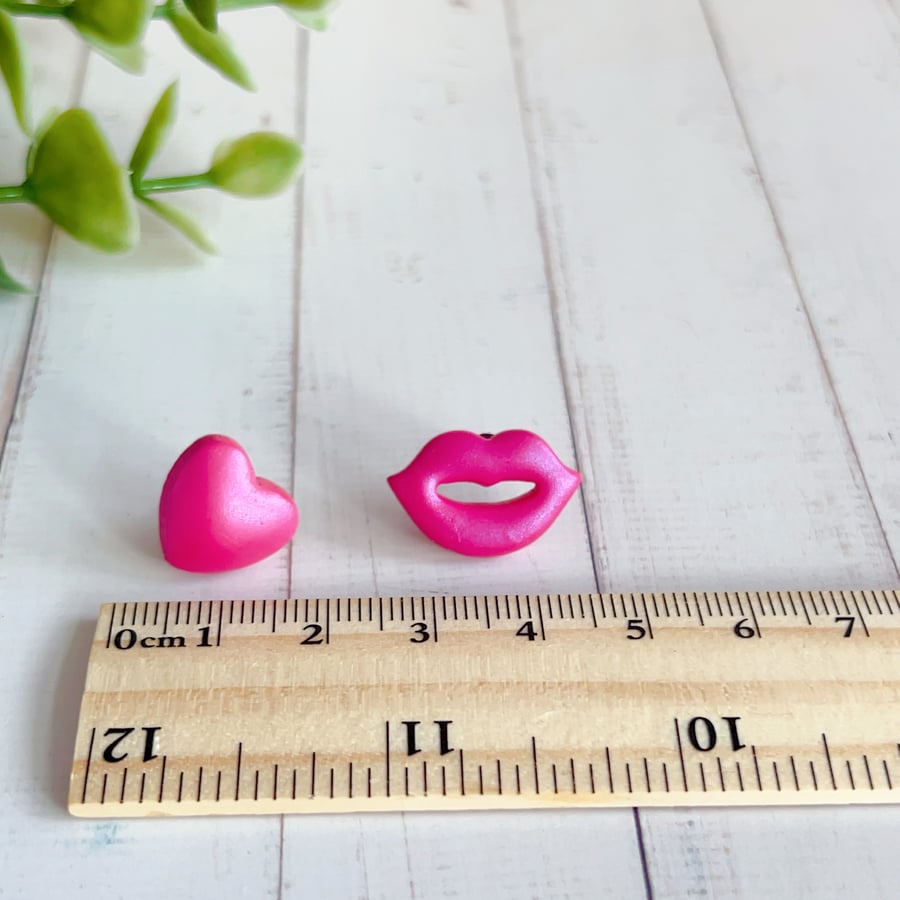 Metallic Heart and Lips Stud Earrings, Small Handmade Polymer Clay Studs