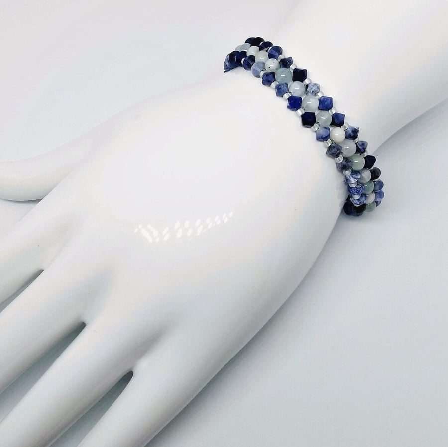 Genuine Aquamarine and Sodalite Bracelet, Blue Gemstone Handmade Bracelet 6-8 in