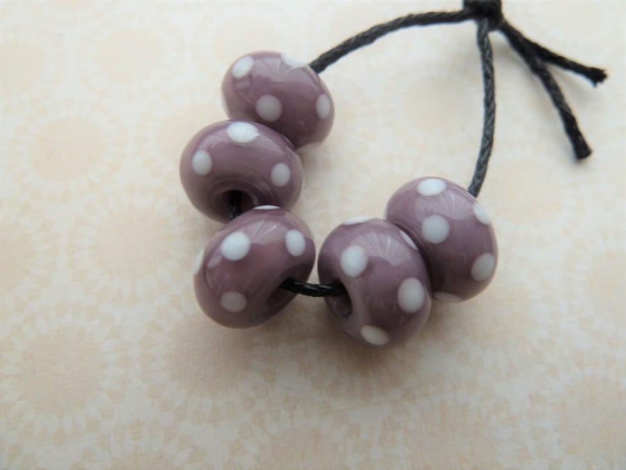 handmade purple and white spot lampwork glass beads