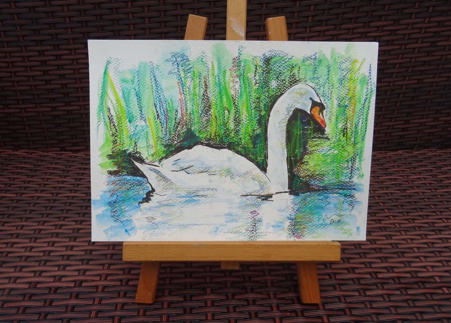 Swan Art Watercolour & Ink Original Animal Painting Bird